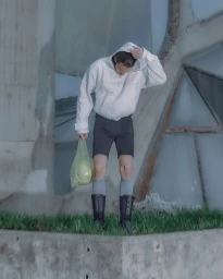 Man wearing a white hooded jacket, dark shorts, and tall boots standing outdoors while holding a green plastic bag.