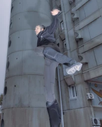 Low-angle shot of a male model in motion, leaping against a brutalist concrete building exterior.