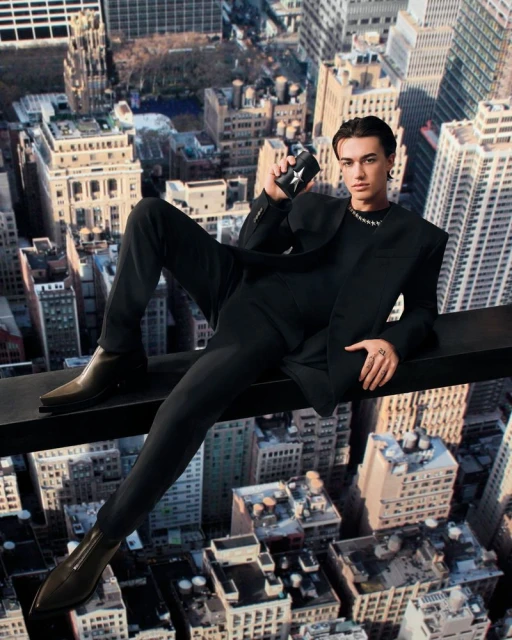 A young man in a black suit sits on a metal beam overlooking a city, holding a wallet with a star pattern in an outdoor setting.