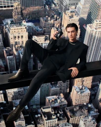 Man in black suit holding perfume bottle sitting on high beam above city skyline