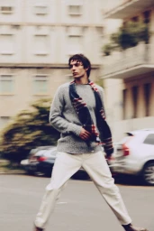 Male model walking down an urban street wearing a grey knit sweater, white trousers, and a patterned scarf, with motion blur.