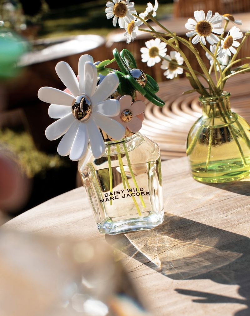 Daisy Wild by Marc Jacobs perfume bottle surrounded by plastic daisy flower decorations, placed on a textured table in sunlight.