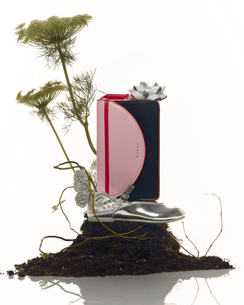Still life product shot on white background features a pink and black wallet, silver shoe, gift bow, and Queen Anne's lace flowers.