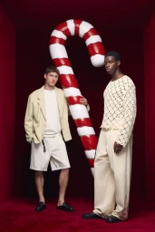 Two male models posing with a giant candy cane prop against a rich dark red studio backdrop for Zara Holiday 2024