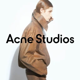 Model in brown leather jacket against a white background with Acne Studios text overlay