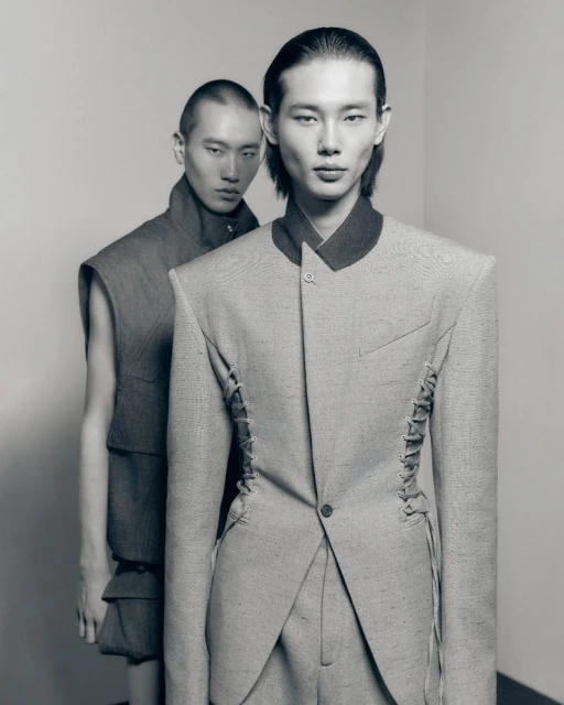 Two Asian male models in avant-garde fashion, one in a tailored suit with unique lacing, the other in a layered sleeveless vest.