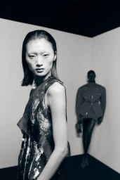 Model in dark sleeveless patterned top in foreground with another model standing in corner behind