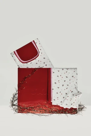 Red gift box set with patterned bedding and string lights. Bedding in the box has a white background and bird print pattern.