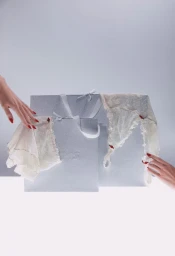 Two hands with red nail polish holding lace fabric in front of silver SKIMS shopping bags on a white background