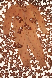 Tan children's onesie laid flat surrounded by scattered gingerbread cookies for SKIMS Holiday project