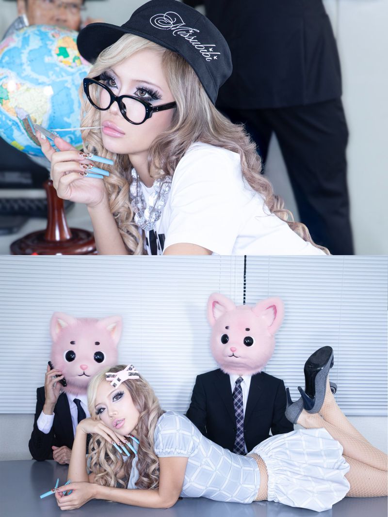 Two-panel composite image of a woman with long blond hair in fashionable outfits with people wearing animal masks, on a white background.