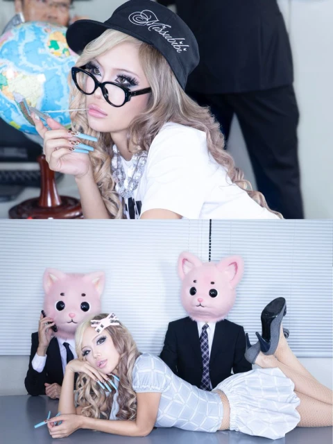 Two-panel composite image of a woman with long blond hair in fashionable outfits with people wearing animal masks, on a white background.