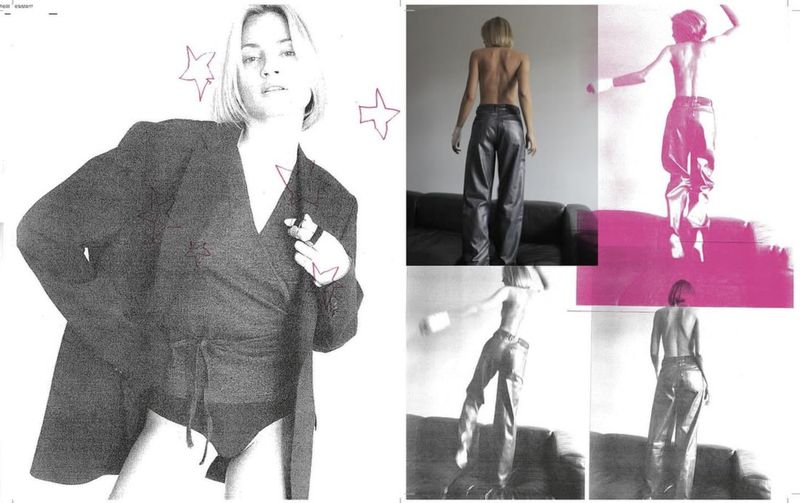 Woman wearing a blazer, briefs, and fingerless gloves poses alongside photos of a woman in leather pants on a couch.
