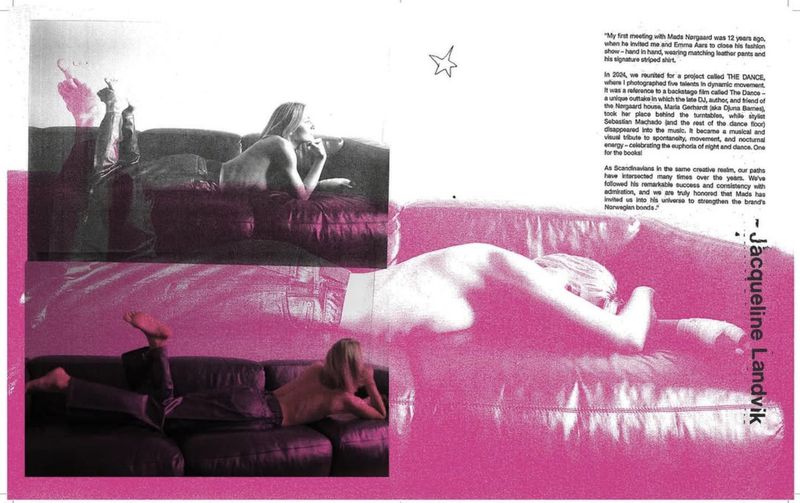 Four nude and semi-nude caucasian women are shown reclining on black leather couches in a double exposure effect on a white page.
