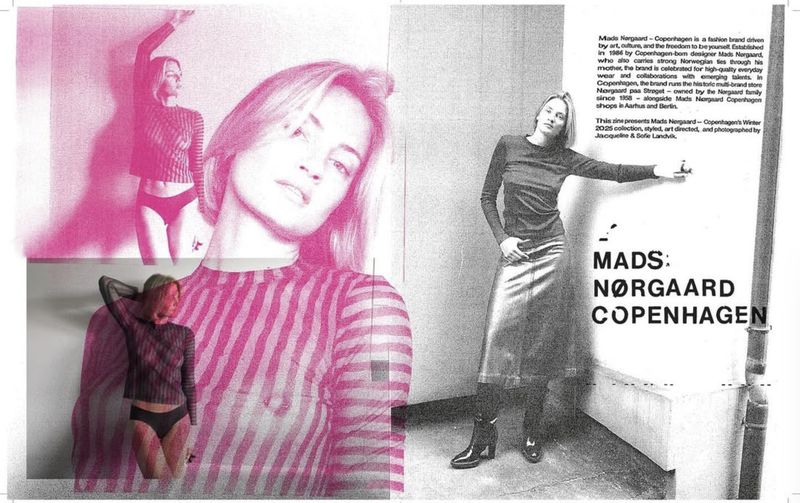 Fashion editorial shot with a fair-skinned female model showcasing a striped top and bikini bottoms in a collage style with black and white aesthetics.