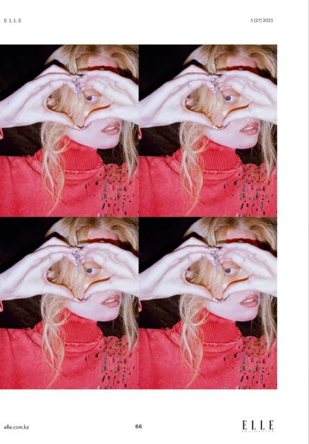 Multiple images of a young adult woman with long blonde hair making a heart shape with her hands in front of her face. 