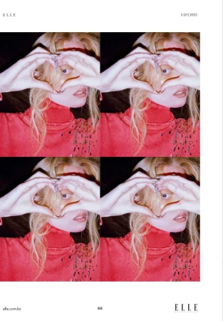 Multiple images of a young adult woman with long blonde hair making a heart shape with her hands in front of her face. 