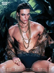 Male model in an open patterned shirt, black briefs, and layered gold chains against tropical foliage for the March 2026 calendar page.