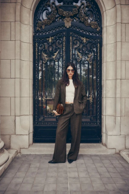 Elegant woman in a brown suit stands before a wrought-iron gate, holding a handbag, showcasing fashion and architecture.