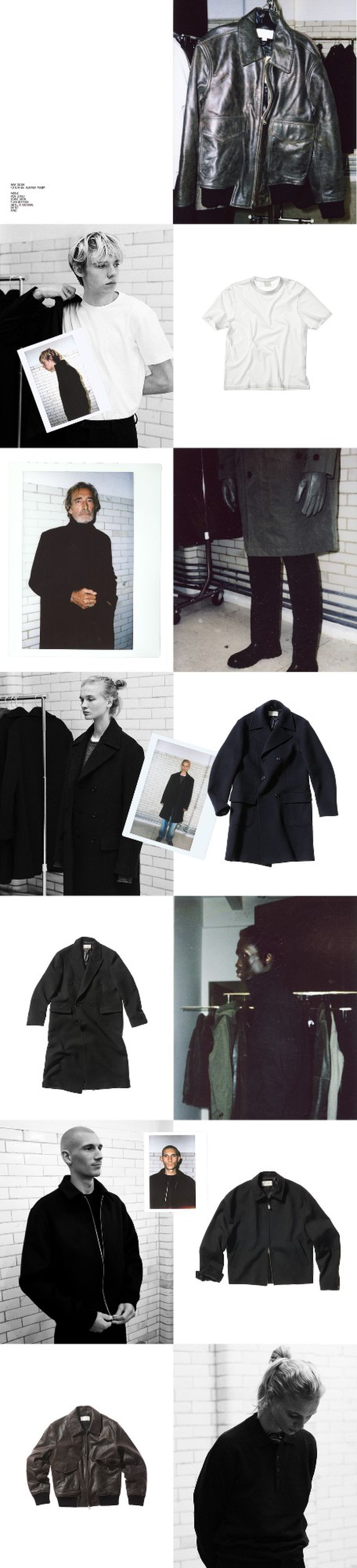 Collage of fashion images featuring apparel such as leather jackets, t-shirts, and coats worn by men in a photo studio setting.
