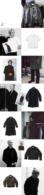 Collage of fashion images featuring apparel such as leather jackets, t-shirts, and coats worn by men in a photo studio setting.