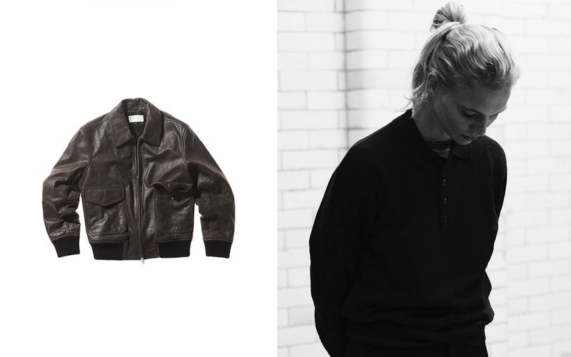 Brown leather bomber jacket on display, contrasted with a monochrome portrait of a woman against a textured brick wall.