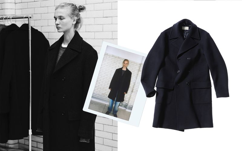 Fashion shot of a woman in a black coat next to hanging coats, plus a separate coat on a white background for product showcase.