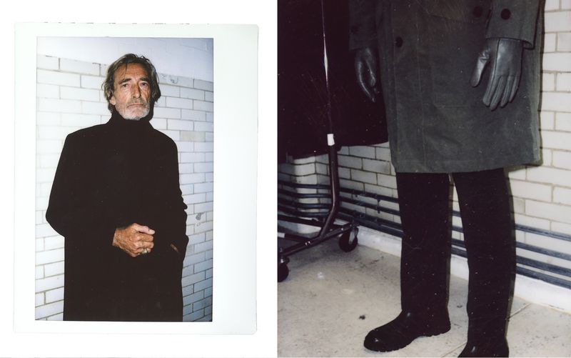 Two polaroid-style frames showing a man in a black turtleneck and a cropped view of a coat with gloves and boots