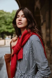 Model in checkered dress with red sweater draped over shoulders carrying a brown leather tote bag
