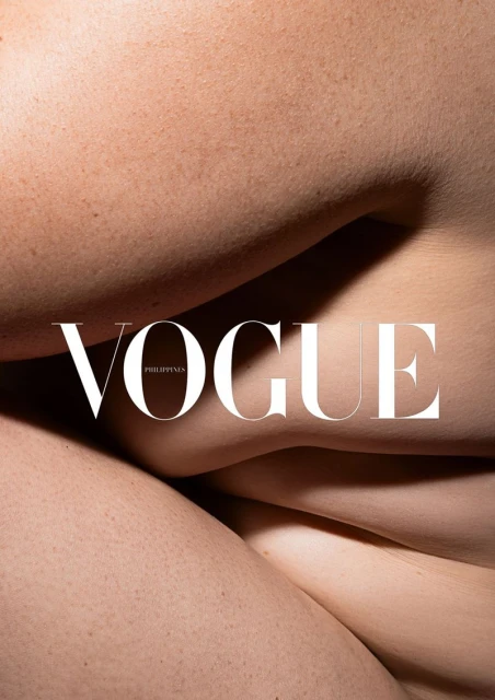 Minimalist nude skin texture with 'Vogue Philippines' masthead in white text. Fashion editorial shot in soft, diffused lighting.