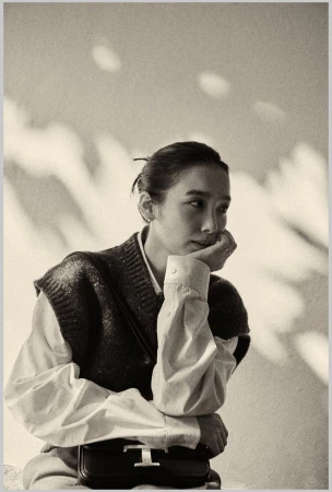Marie Iitoyo posing in a knit vest and white shirt with a dark handbag for Tod's in Milan, photographed by Tassili Calatroni.