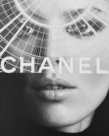 Black and white fashion shot of a woman's face partially obscured by an abstract dome-like structure with 'CHANEL' overlaid.