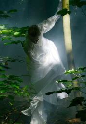 Model Alayna Neaum in a draped white gown holding a slender tree trunk in a misty sunlit forest.