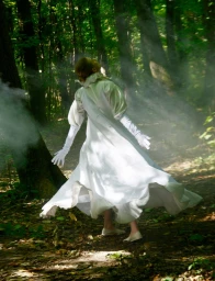 Model in a flowing white dress and long gloves spinning in a dense forest path surrounded by wisps of smoke.