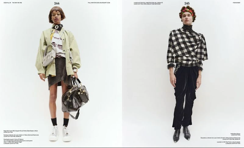 Two fashion models showcase Fall/Winter 2023-2024 Louis Vuitton in a minimalist studio with white backgrounds, full-length shot.