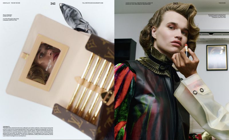 Fashion editorial featuring a model applying lipstick, showcased next to a Louis Vuitton makeup brush set and a grey velvet shoe.