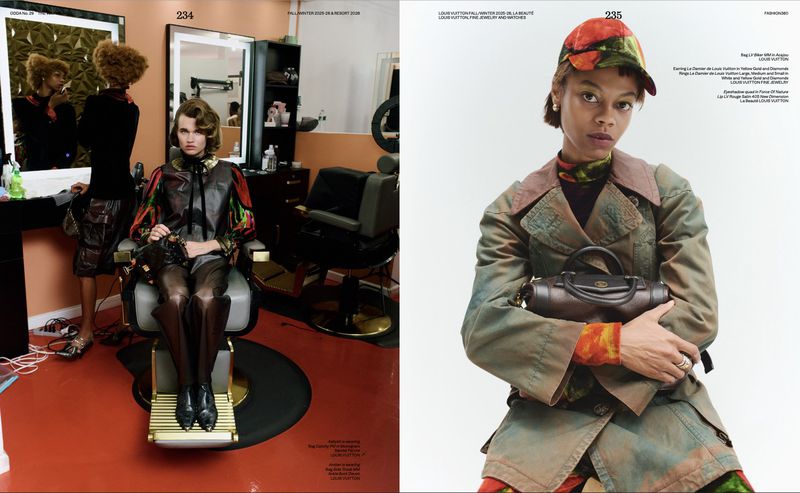 Fashion editorial with two adult women in vintage-inspired clothing in a photo studio with red floor and barber shop equipment.