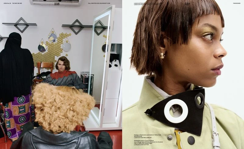 Fashion editorial featuring two scenes: one with three women in a salon setting, and another of a woman's close-up portrait.