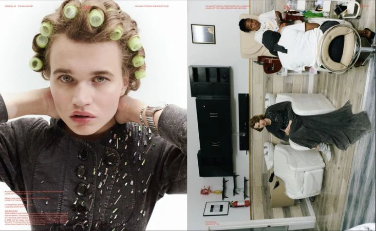 Magazine spread with a close-up of a person with hair rollers and another image showing people in a salon-like setting.