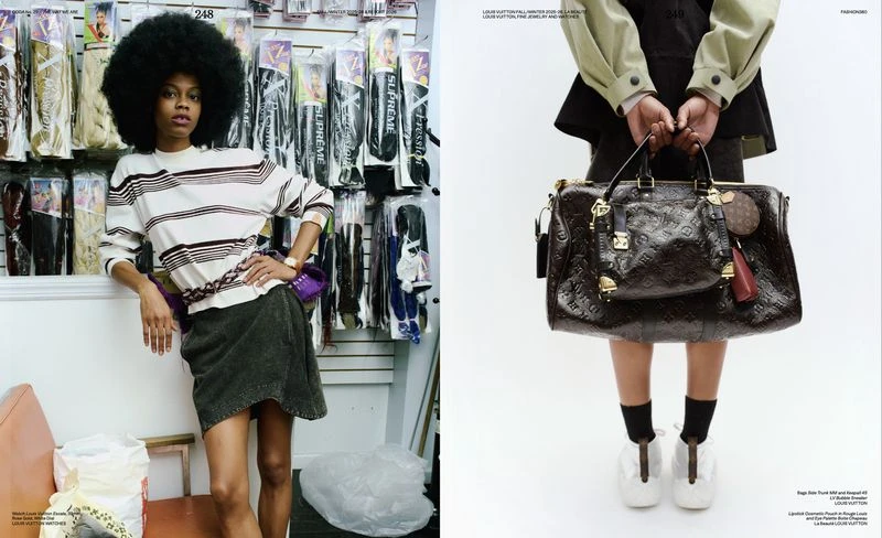 Fashion editorial featuring an adult female posing indoors and holding a Louis Vuitton handbag in front of a white backdrop.