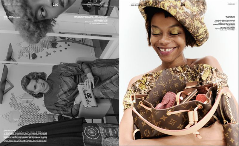 Fashion editorial split-page featuring a smiling woman holding Louis Vuitton purses, and an upside-down view of a woman in monochromatic tones.