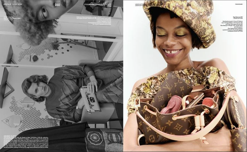 Fashion editorial split-page featuring a smiling woman holding Louis Vuitton purses, and an upside-down view of a woman in monochromatic tones.