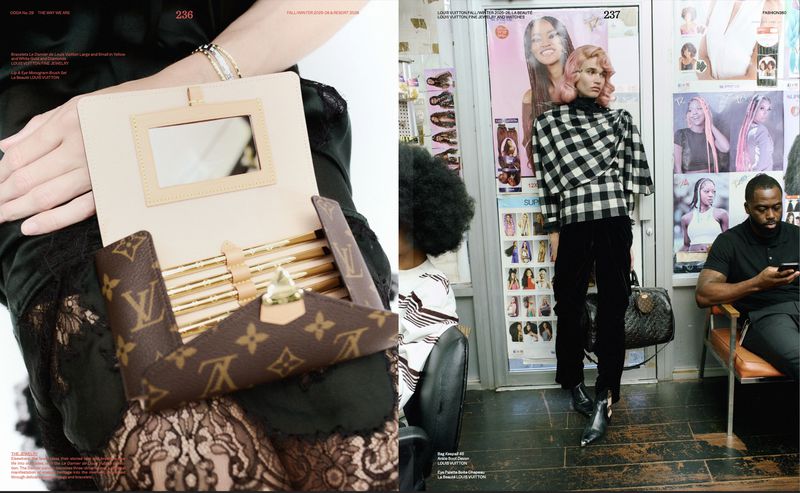 Fashion editorial shot featuring makeup brush set with Louis Vuitton monogram, woman in checkered top, and beauty salon setting.
