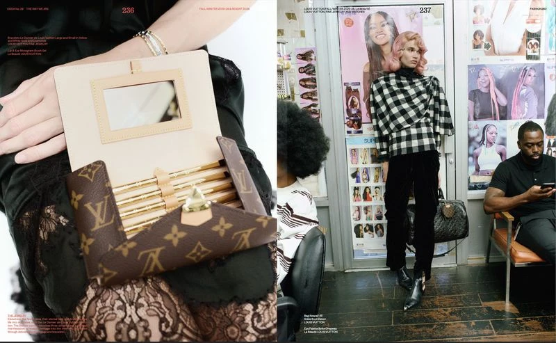 Fashion editorial shot featuring makeup brush set with Louis Vuitton monogram, woman in checkered top, and beauty salon setting.