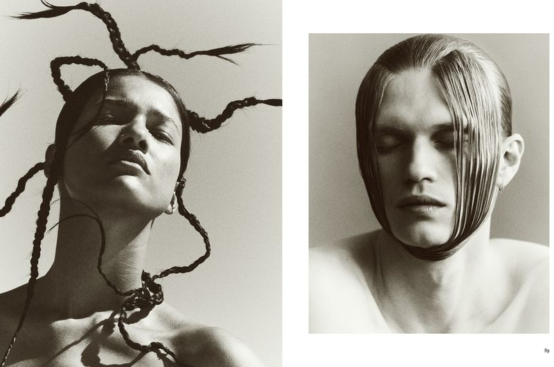 Editorial diptych of two models with sculptural avant-garde hairstyles against a clean studio background in monochrome.