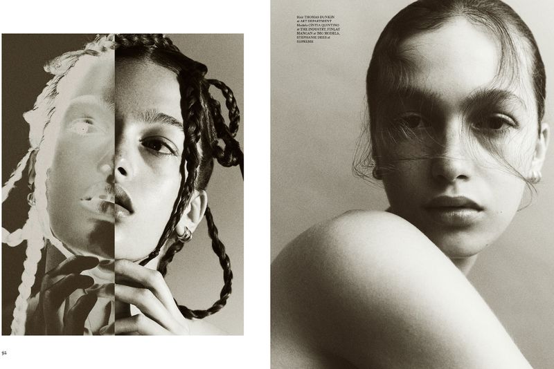 Close-up of a young woman's face in a fashion editorial split between a normal exposure and an overexposed black-and-white treatment.