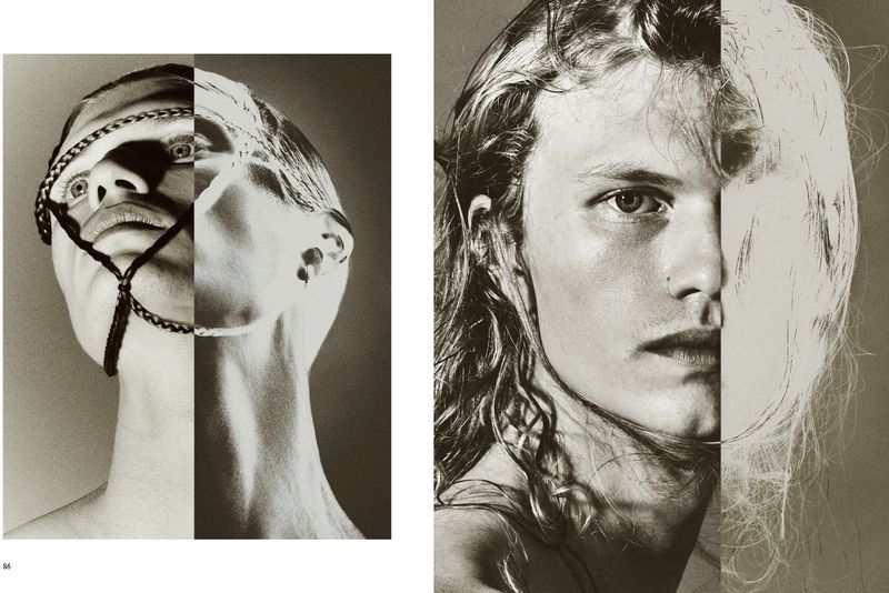 Split portrait of two young adult males with long wavy hair; one with braided strands, sepia toned, dramatic lighting and posing.