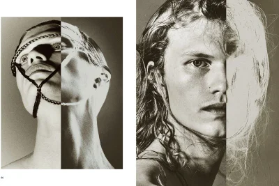 Black and white editorial portrait split-screen diptych showing male model Finlay Mangan with braided string harness.