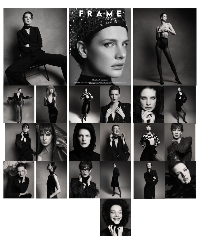 Black and white collage of fashion portraits showcases women in varied poses and attire against simple studio backdrops, text 'FRAME' visible.