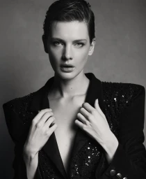 Monochrome portrait of model Mirthe Dijkstra wearing a sequin-embellished black blazer against a studio backdrop.